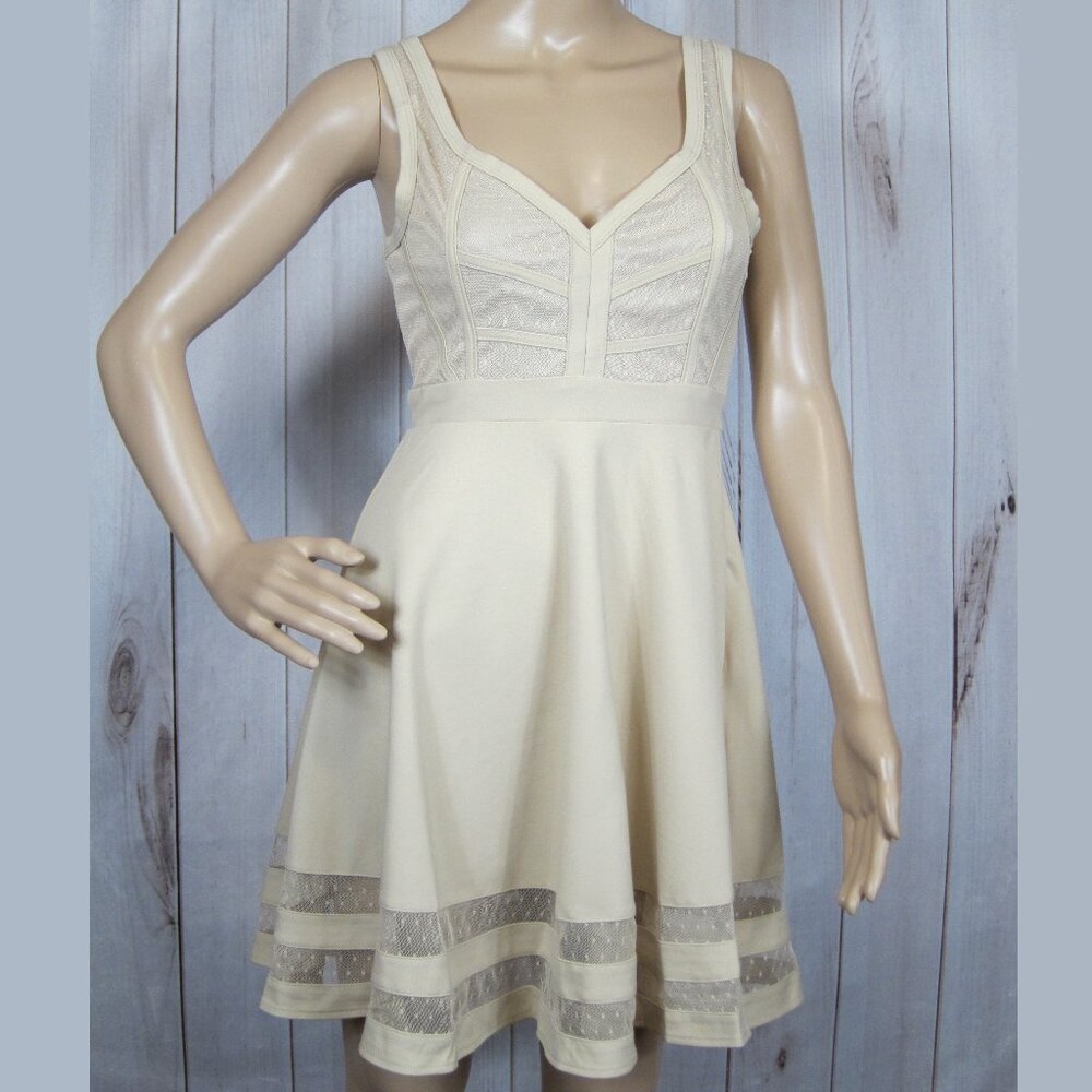 NWT Maniju Fit & Flare Mini Dress Medium Beige Sweetheart Dot Mesh Sleeveless